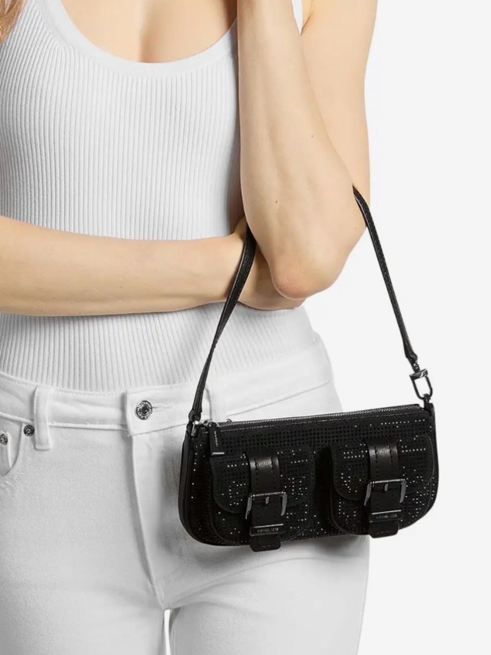 MICHAEL Michael Kors Zoe Black Mini Shoulder Bag with Front Buckle Pockets